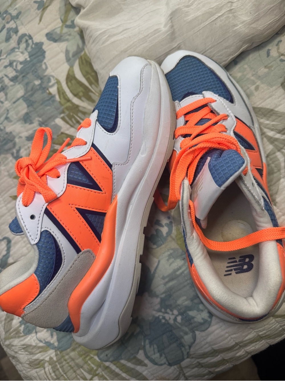 New Balance White, Blue and Neon Orange Retro Runner Sneakers